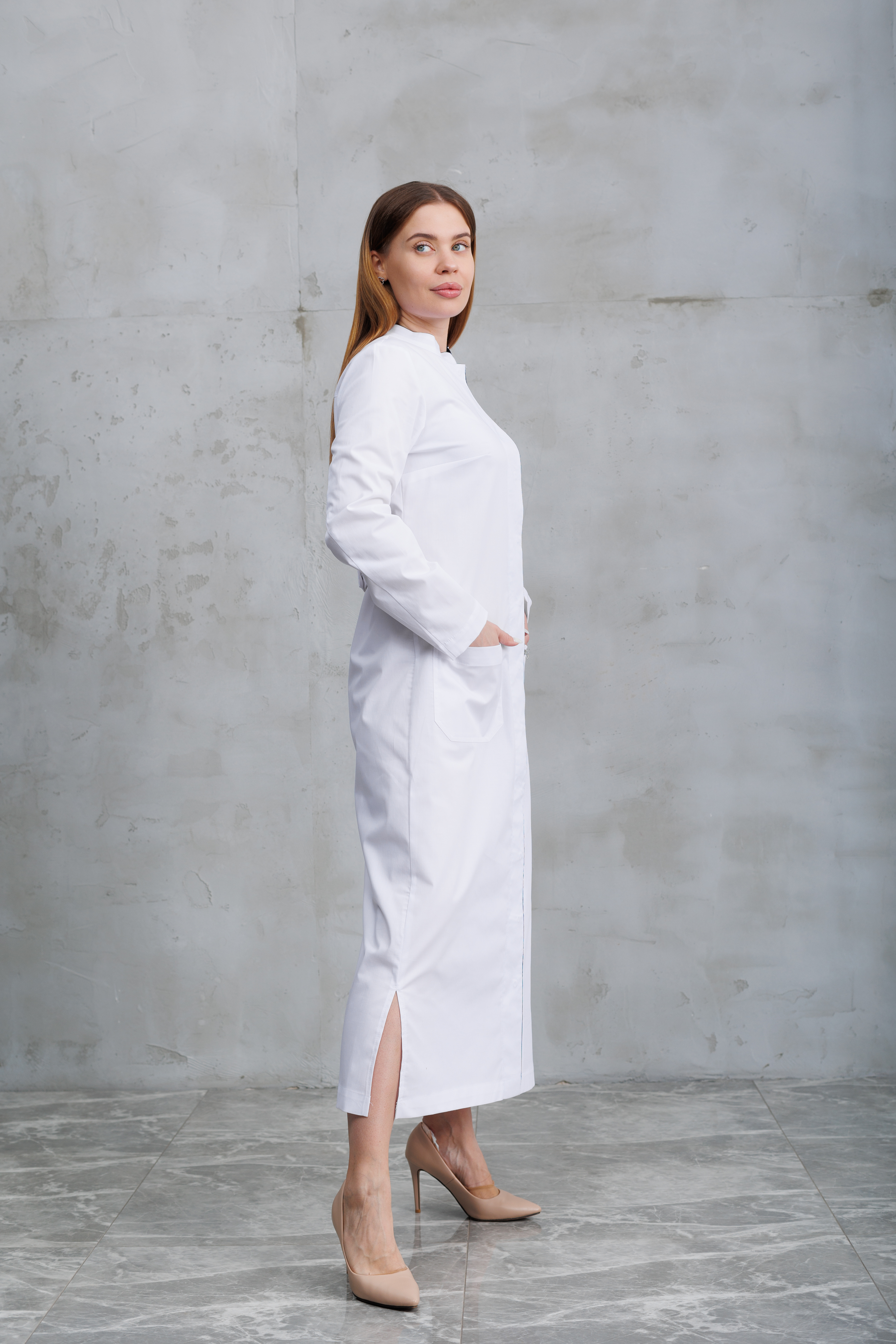 Халат медицинский женский A200 ДА Экстра (Белый, синий 521), 55% хлопок, 42% полиэстер, 3% эластан