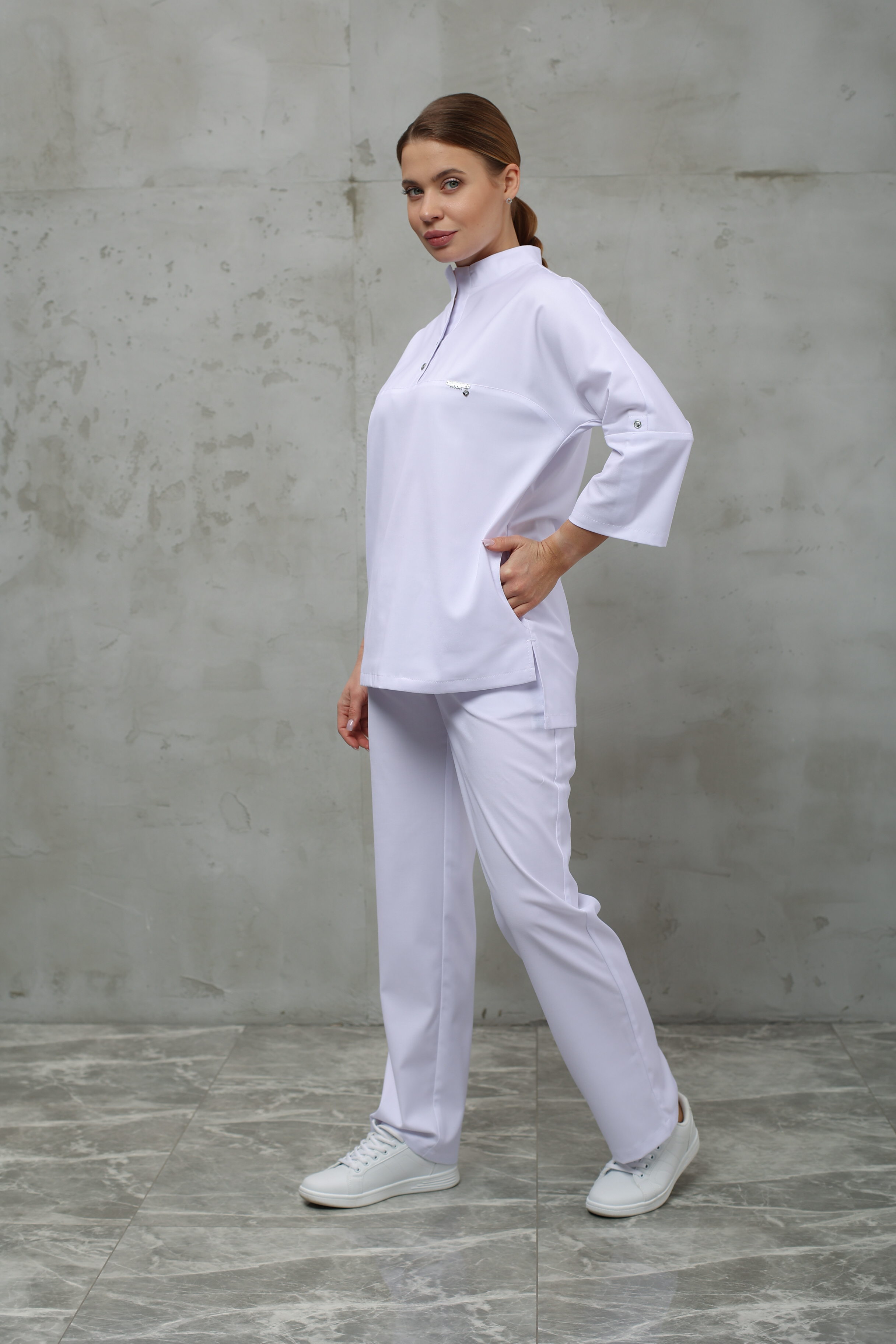 Куртка медицинская женская A831 3/4 Тевия (Белый, Без отделки), 65% полиэстер, 32% вискоза, 3% спандекс