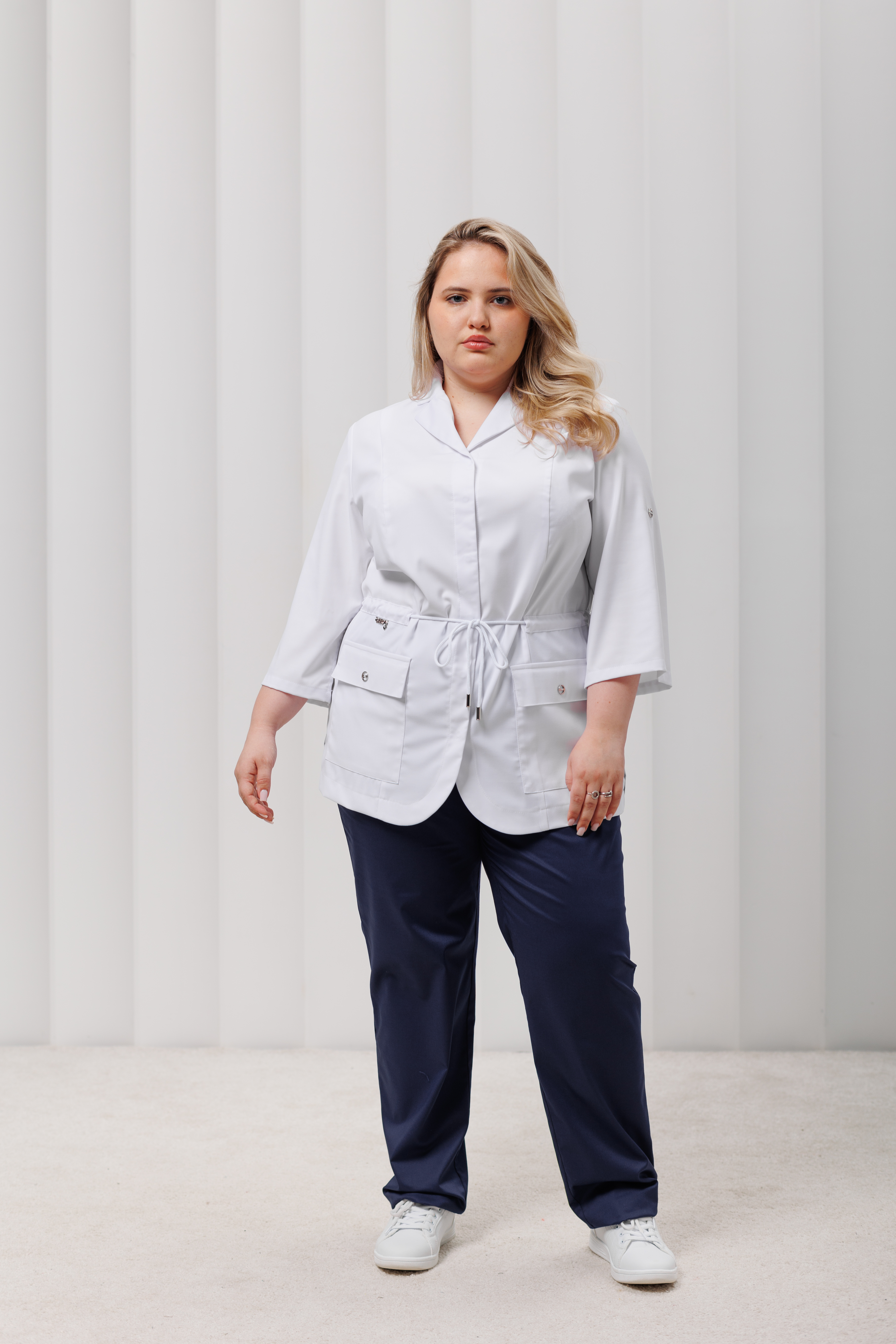 Куртка медицинская женская A802Б 3/4 Тевия (Белый, Без отделки), 65% полиэстер, 32% вискоза, 3% спандекс