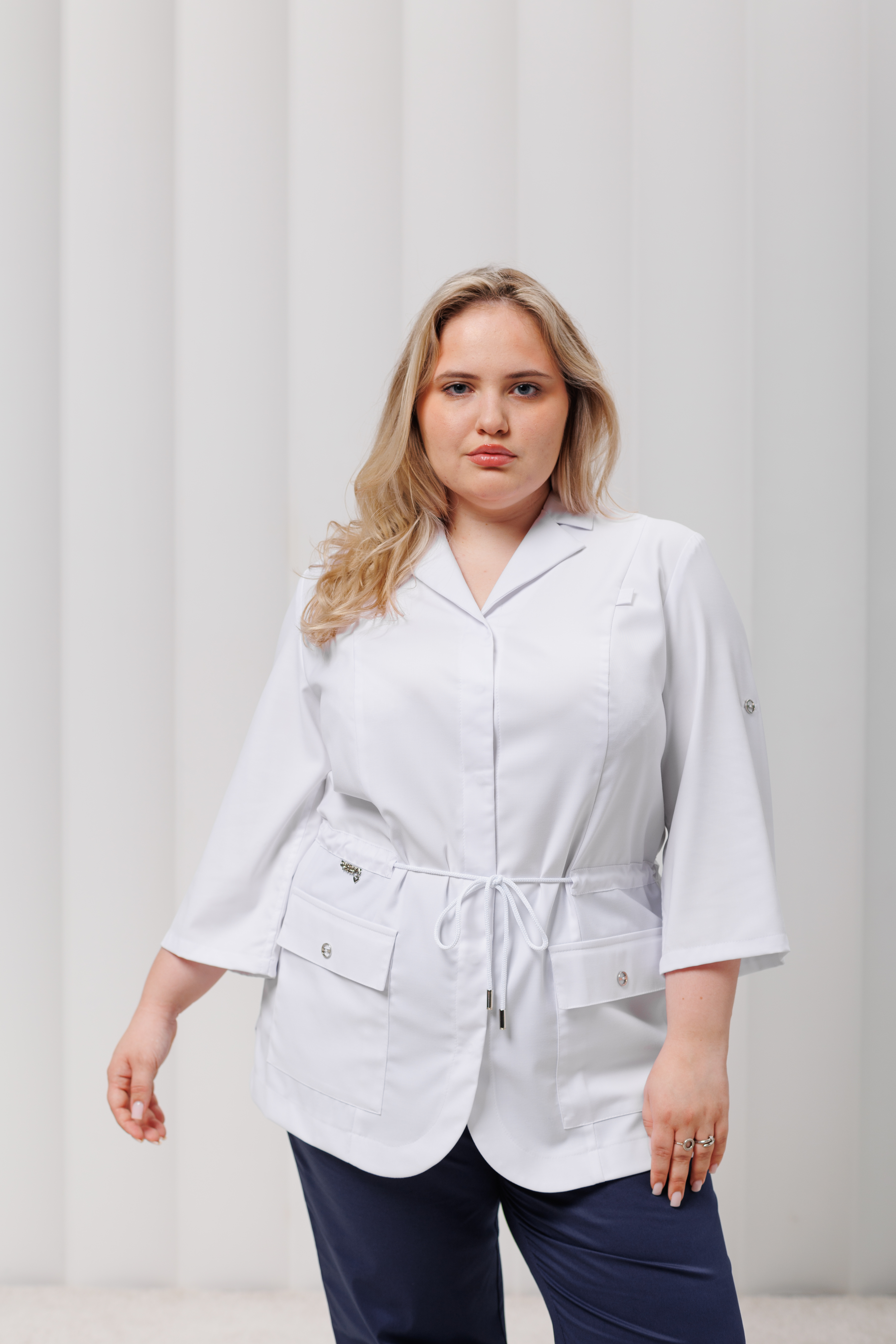 Куртка медицинская женская A802Б 3/4 Тевия (Белый, Без отделки), 65% полиэстер, 32% вискоза, 3% спандекс