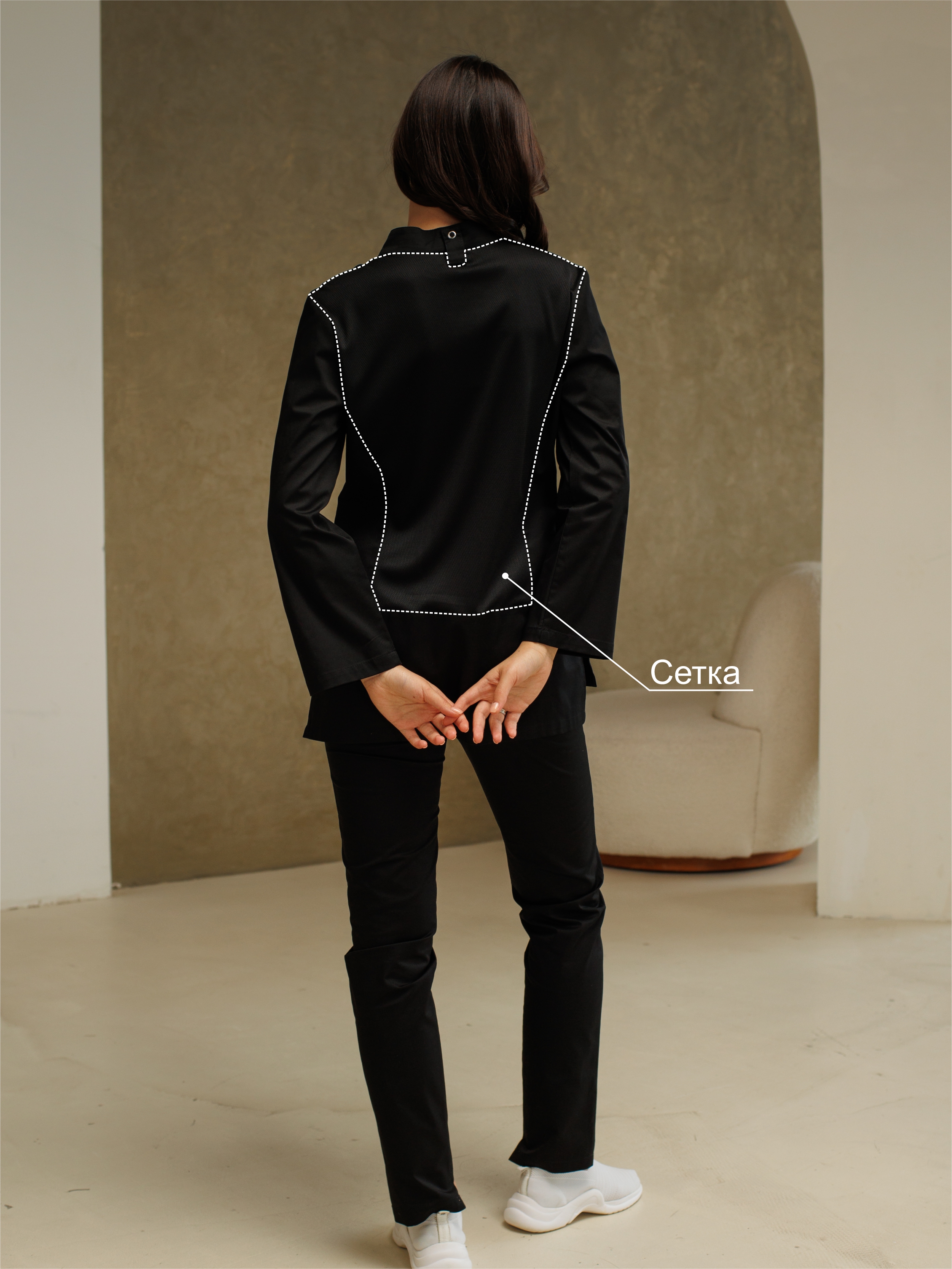 Китель поварской женский A520 7/8 Экстра (Чёрный, ложная сетка черная), 55% хлопок, 42% полиэстер, 3% эластан
