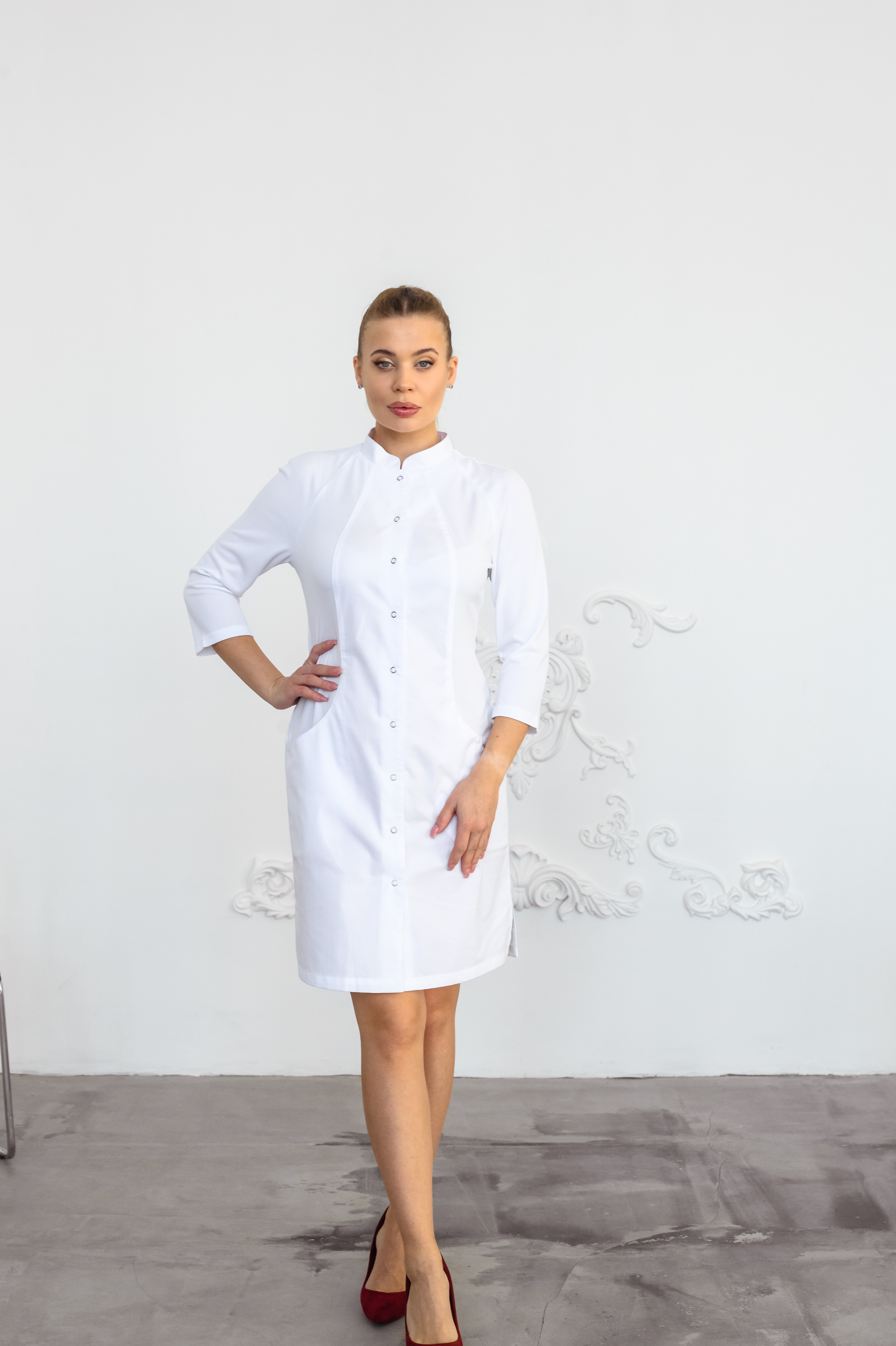 Халат медицинский женский A195 3/4 Бамбук (Белый, ложная сетка белая),  50 бамбук /47 полиэстер /3 эластан