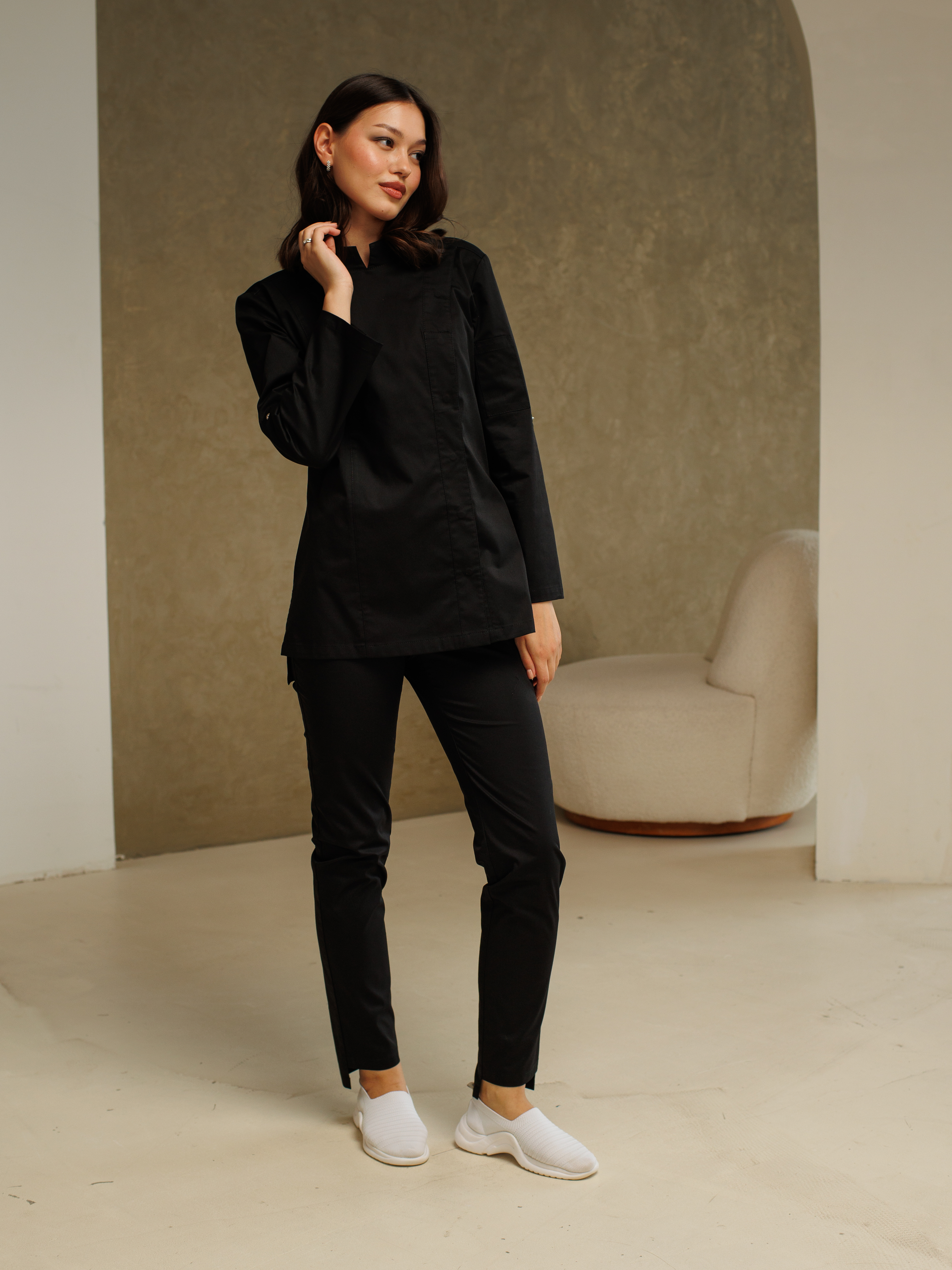 Китель поварской женский A520 7/8 Экстра (Чёрный, ложная сетка черная), 55% хлопок, 42% полиэстер, 3% эластан