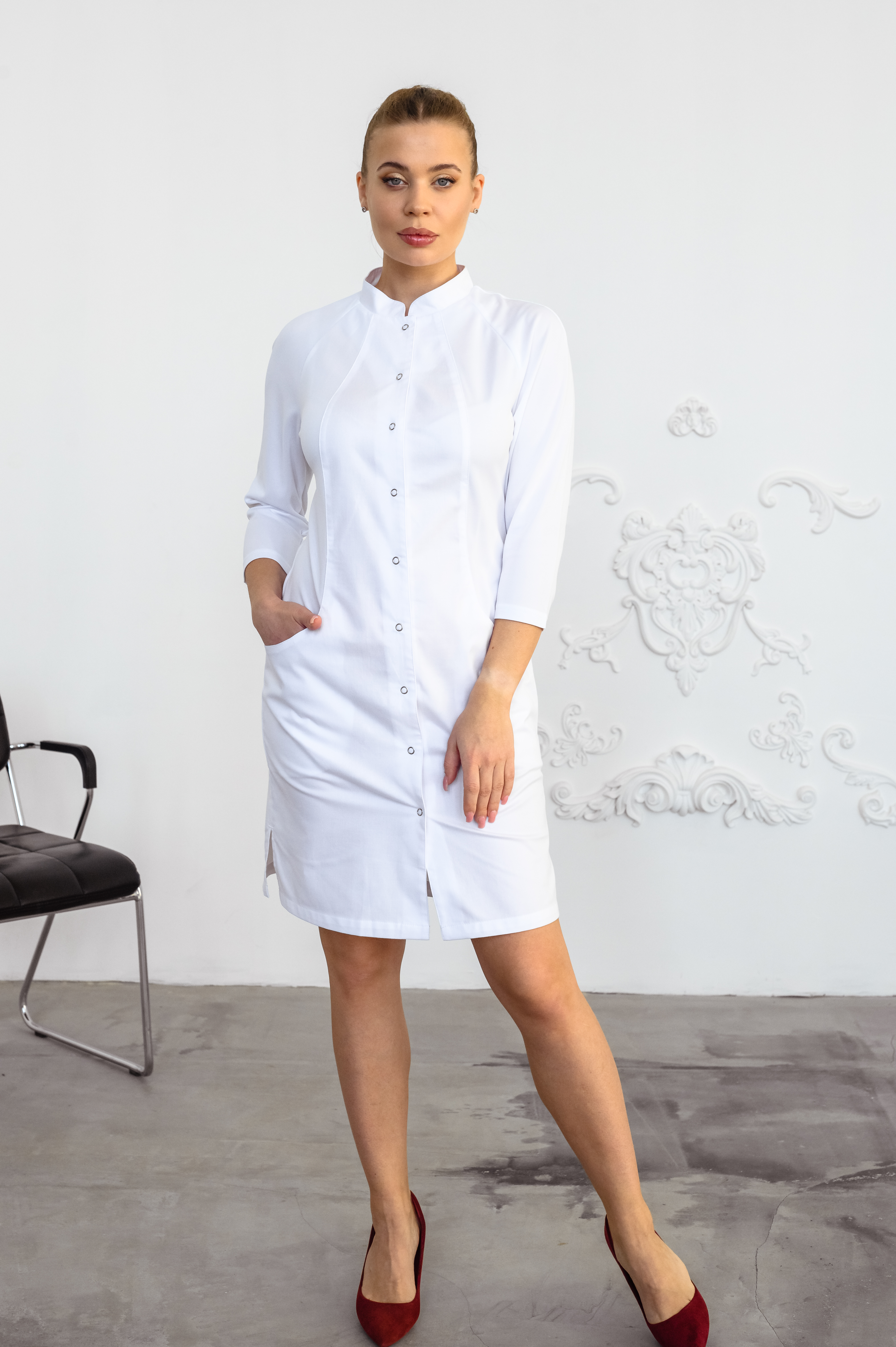 Халат медицинский женский A195 3/4 Бамбук (Белый, ложная сетка белая),  50 бамбук /47 полиэстер /3 эластан