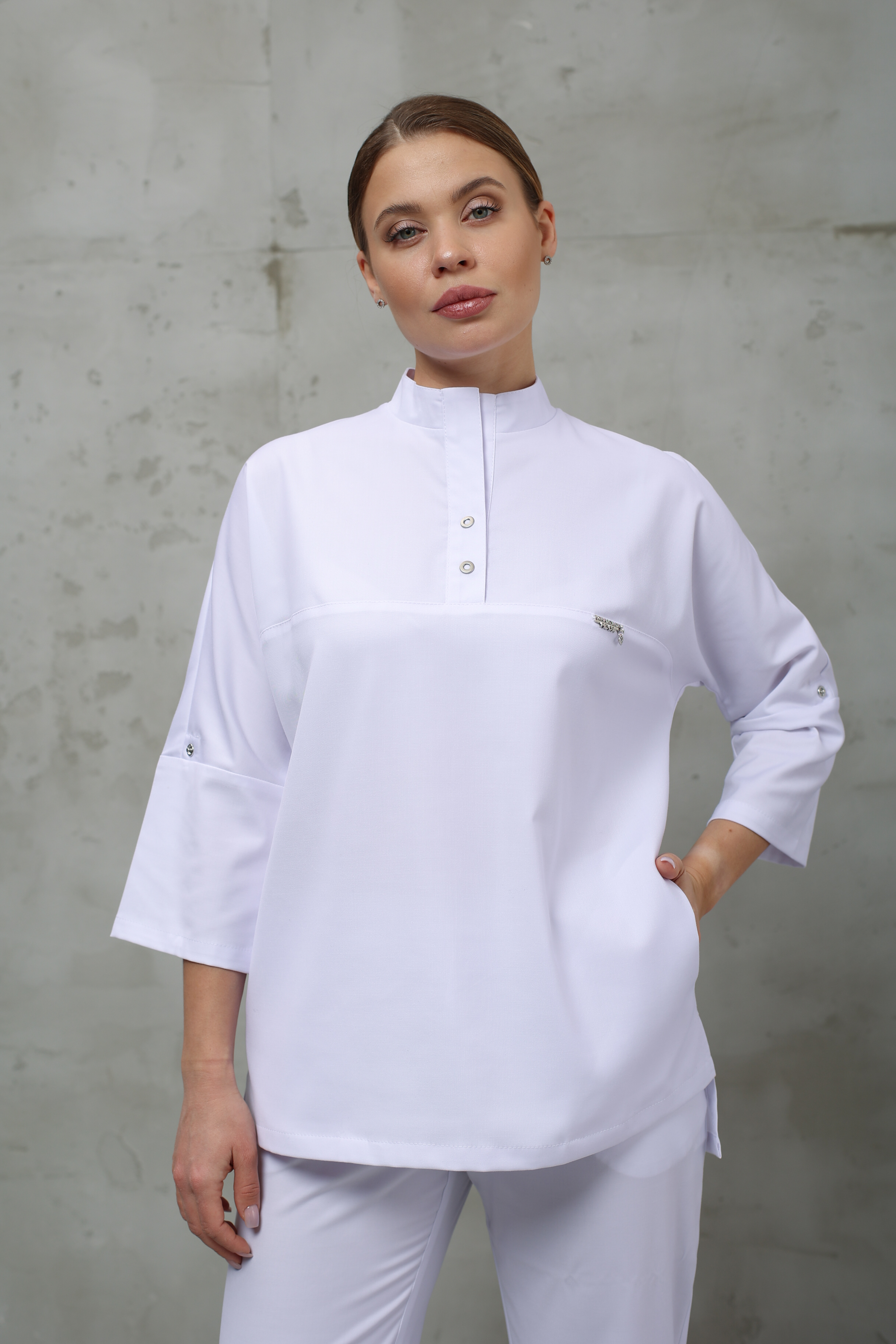 Куртка медицинская женская A831 3/4 Тевия (Белый, Без отделки), 65% полиэстер, 32% вискоза, 3% спандекс