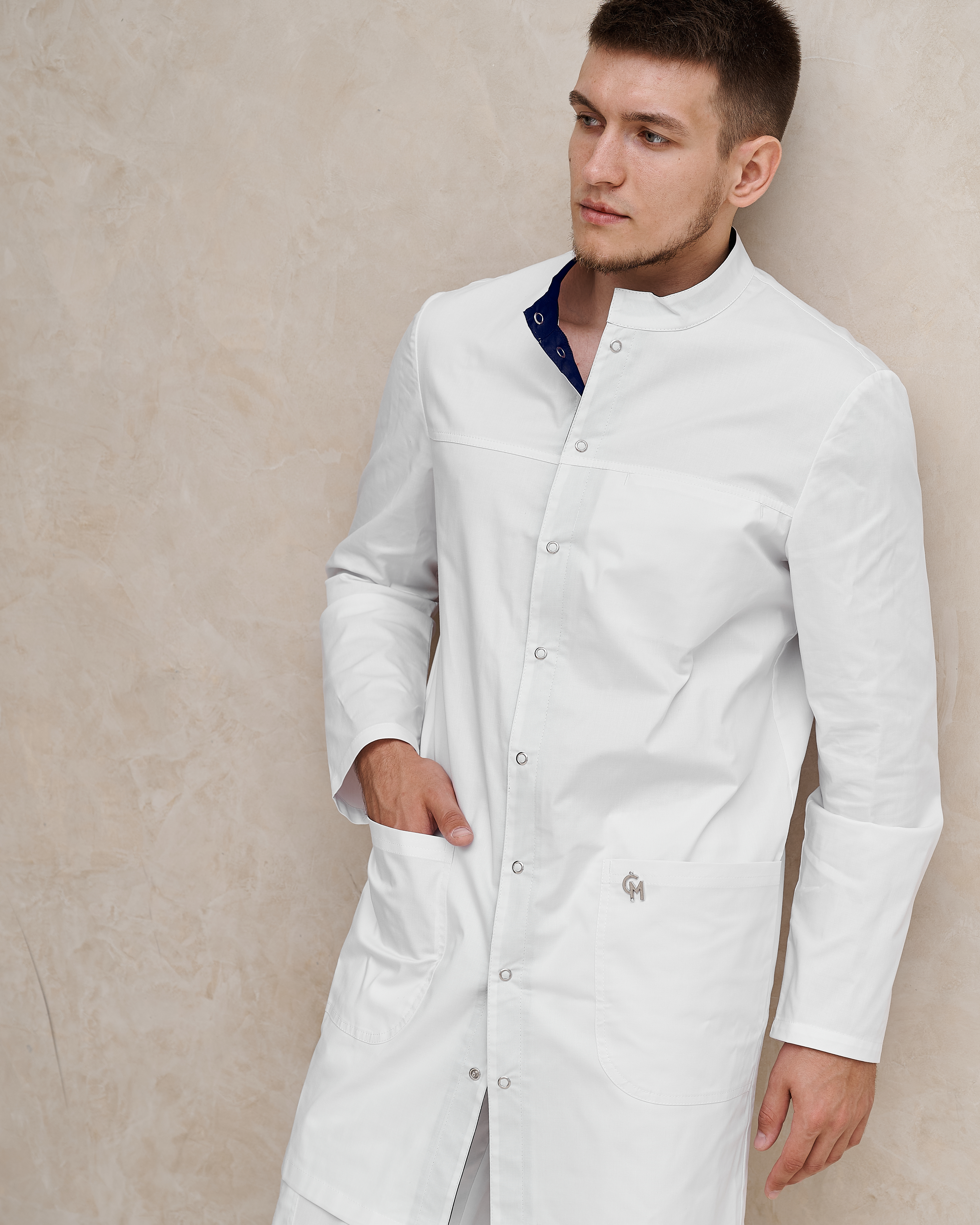 Халат медицинский мужской CP031 A Экстра (Белый, синий 521), 55% хлопок, 42% полиэстер, 3% эластан