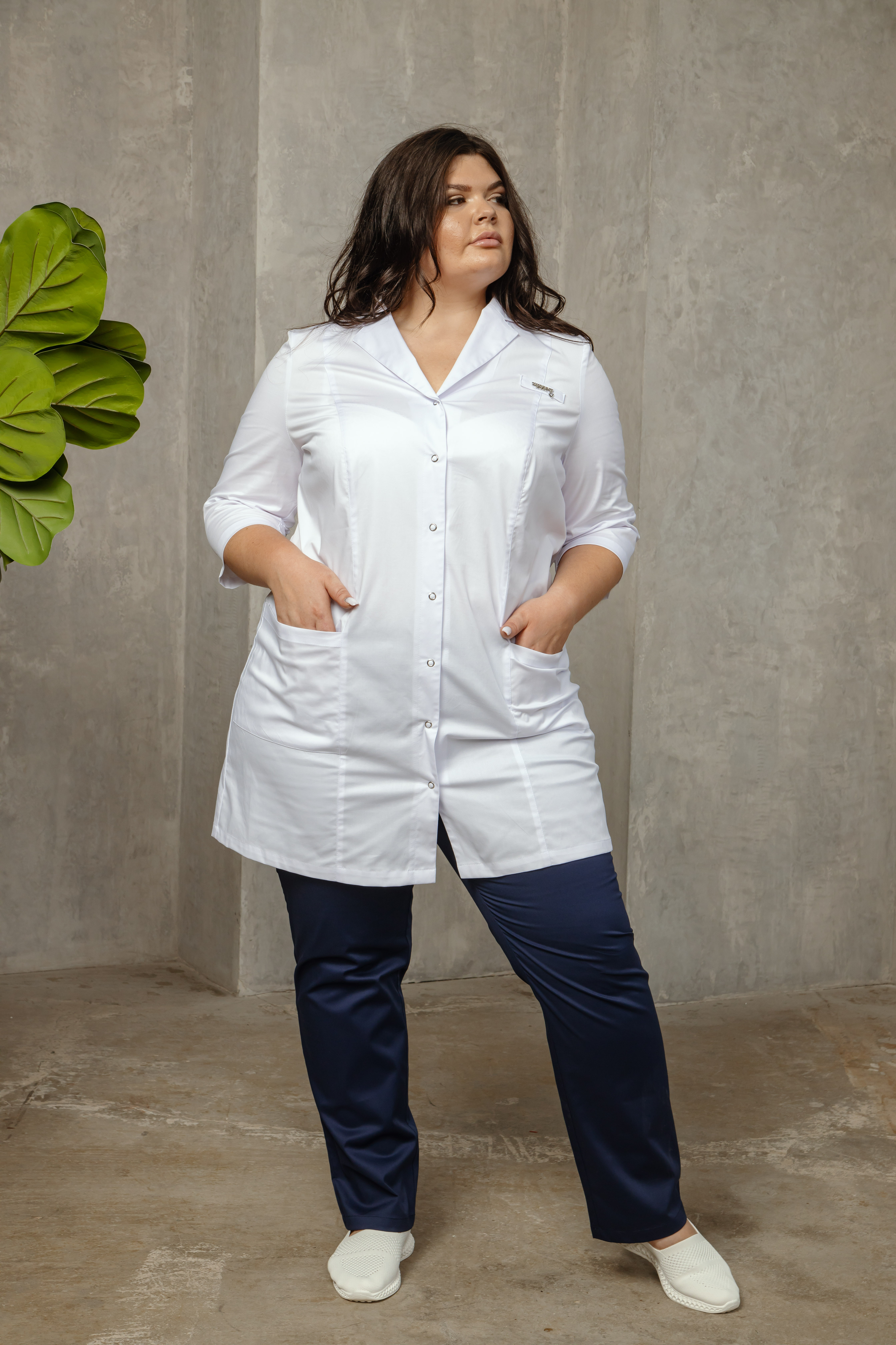 Халат медицинский женский А133БУ 3/4 Экстра (Белый, Без отделки), 55% хлопок, 42% полиэстер, 3% эластан