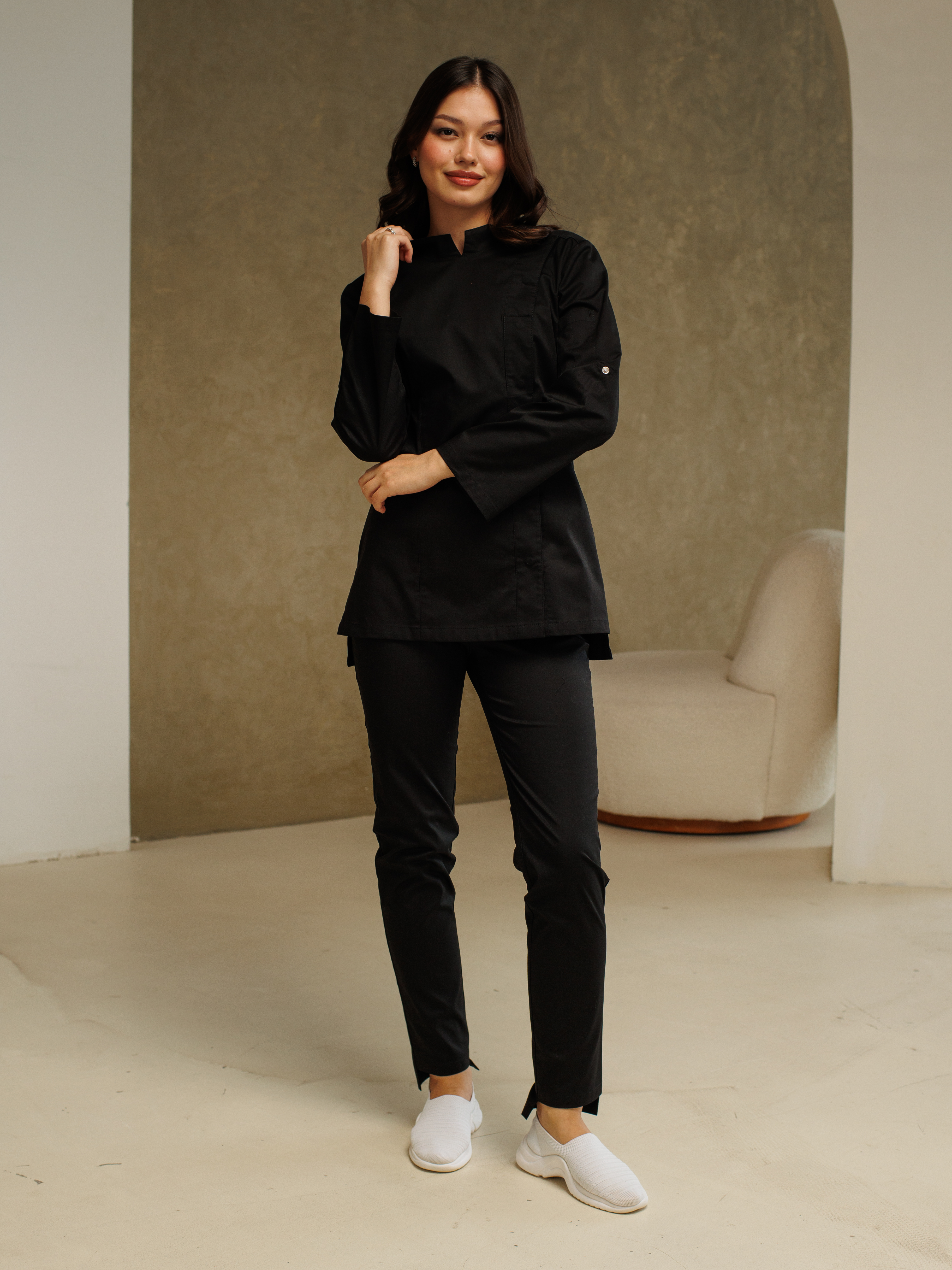 Китель поварской женский A520 7/8 Экстра (Чёрный, ложная сетка черная), 55% хлопок, 42% полиэстер, 3% эластан