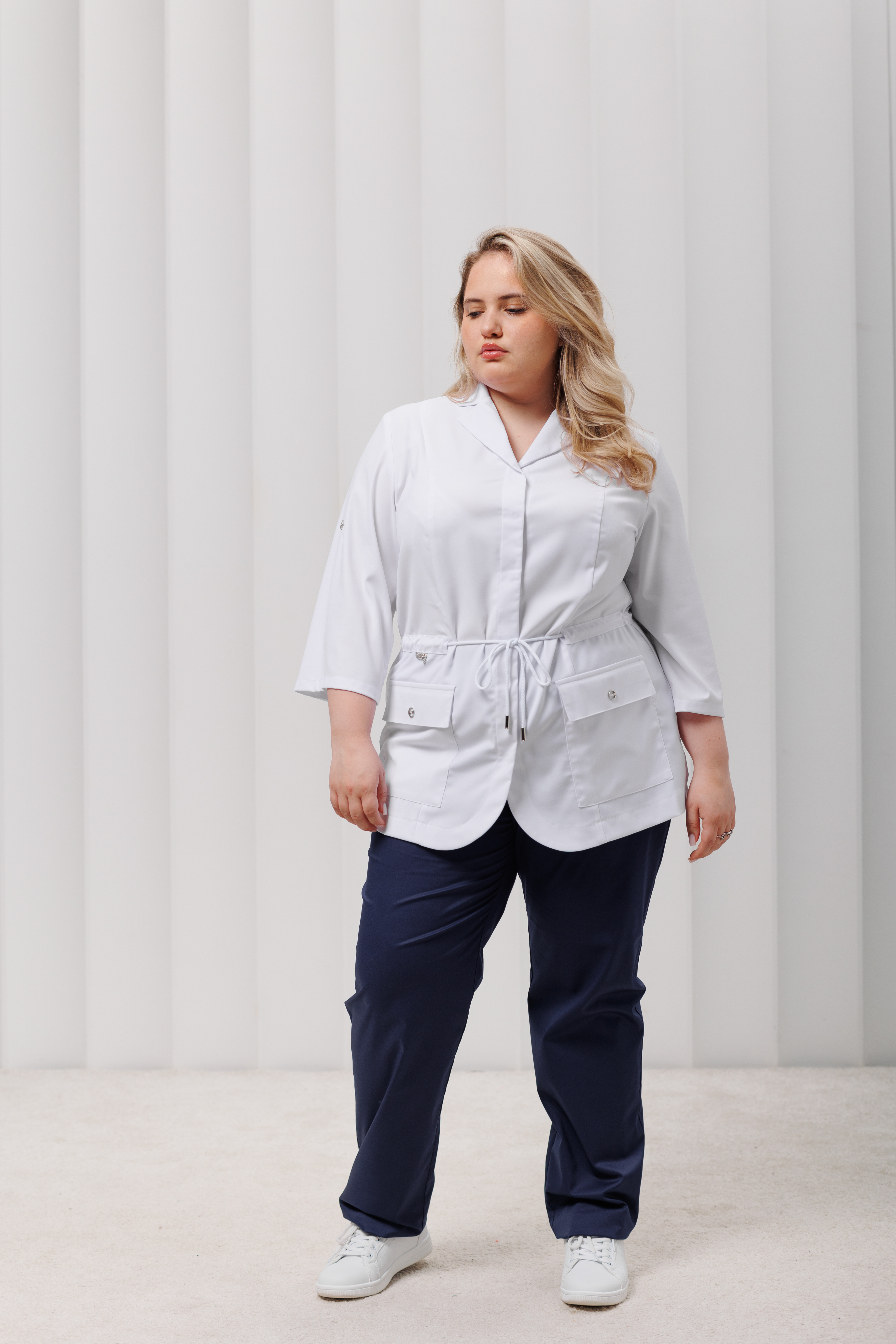 Куртка медицинская женская A802Б 3/4 Тевия (Белый, Без отделки), 65% полиэстер, 32% вискоза, 3% спандекс