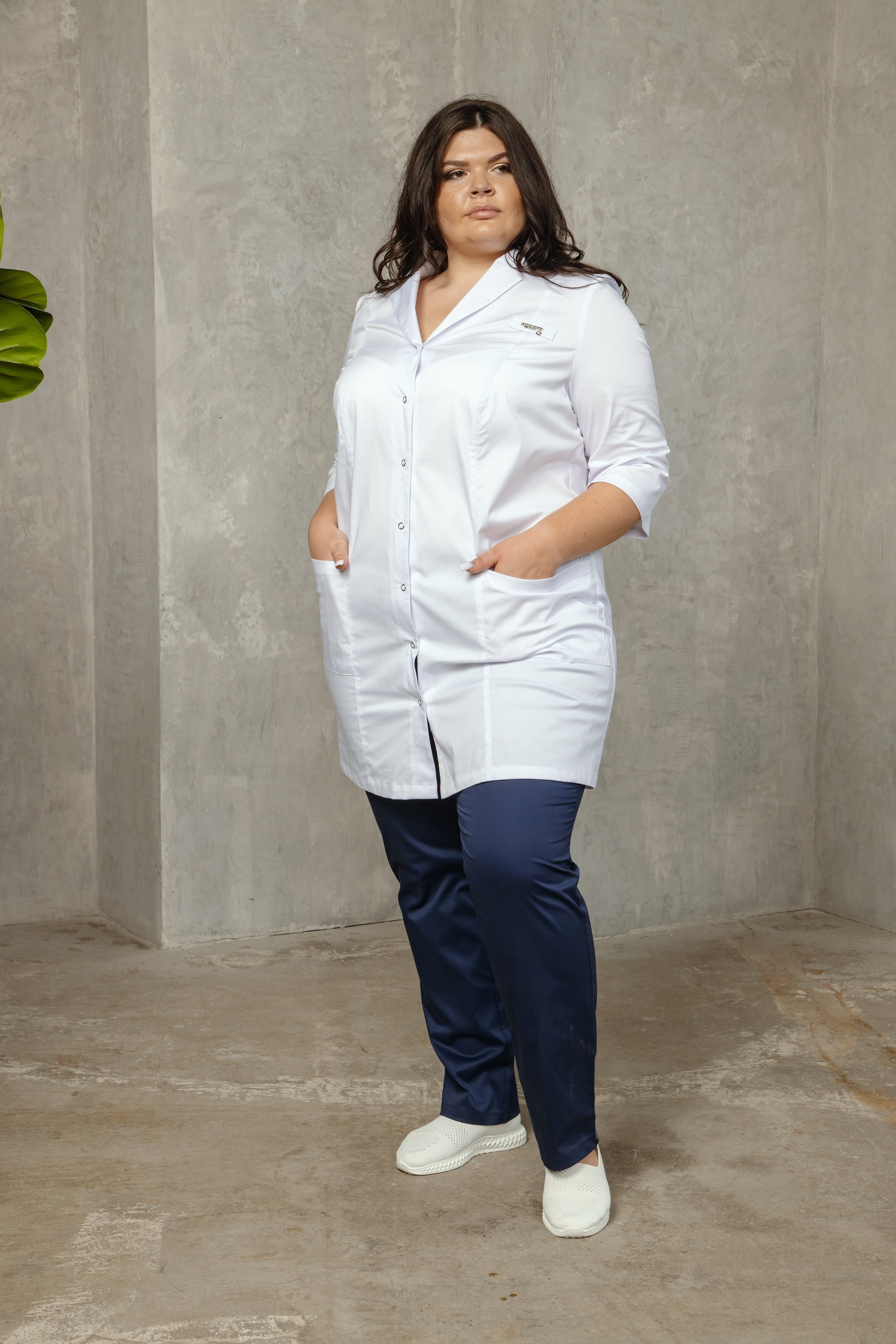 Халат медицинский женский А133БУ 3/4 Экстра (Белый, Без отделки), 55% хлопок, 42% полиэстер, 3% эластан