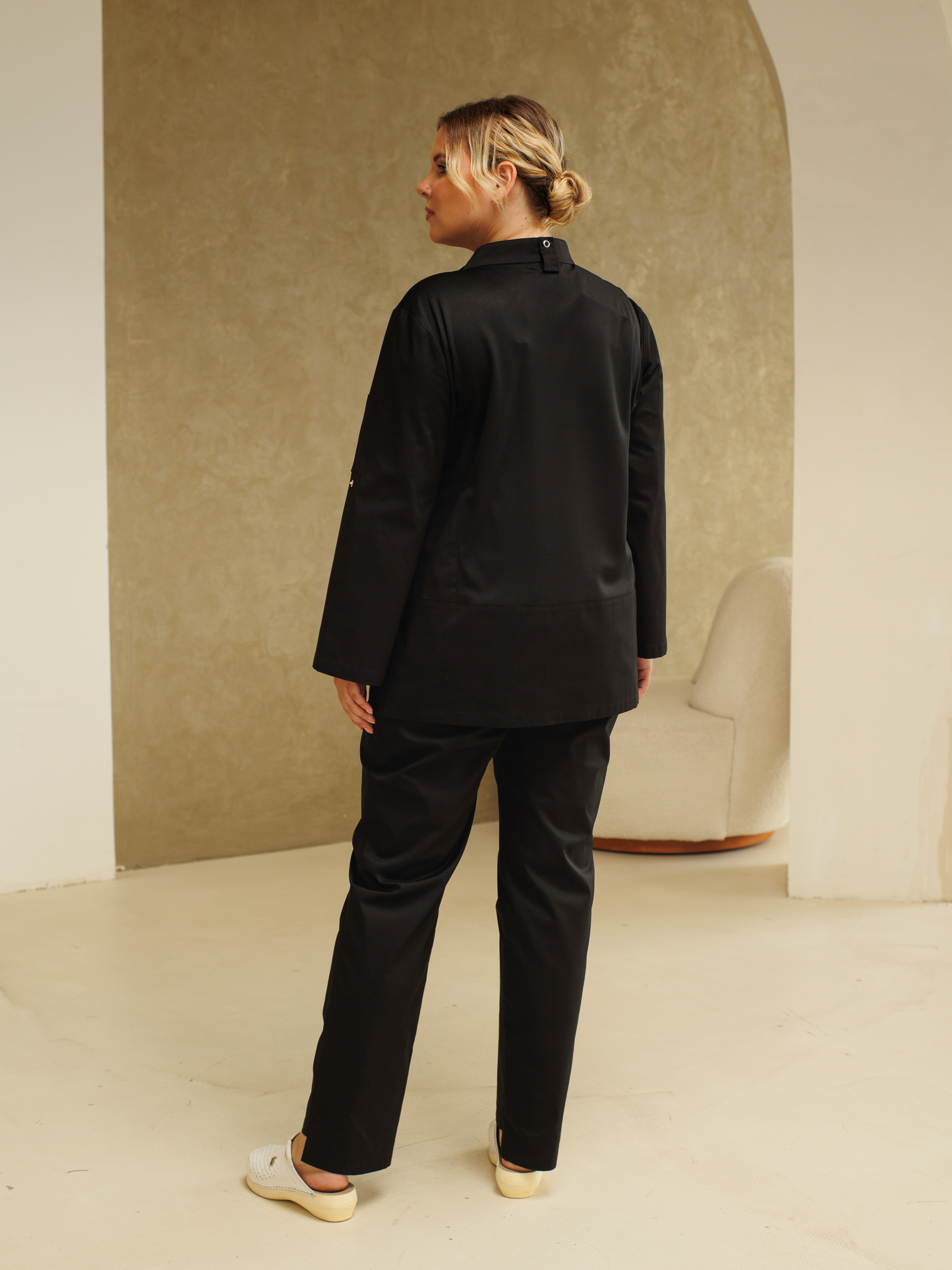 Китель поварской женский A520Б 7/8 Экстра (Чёрный, ложная сетка черная), 55% хлопок, 42% полиэстер, 3% эластан