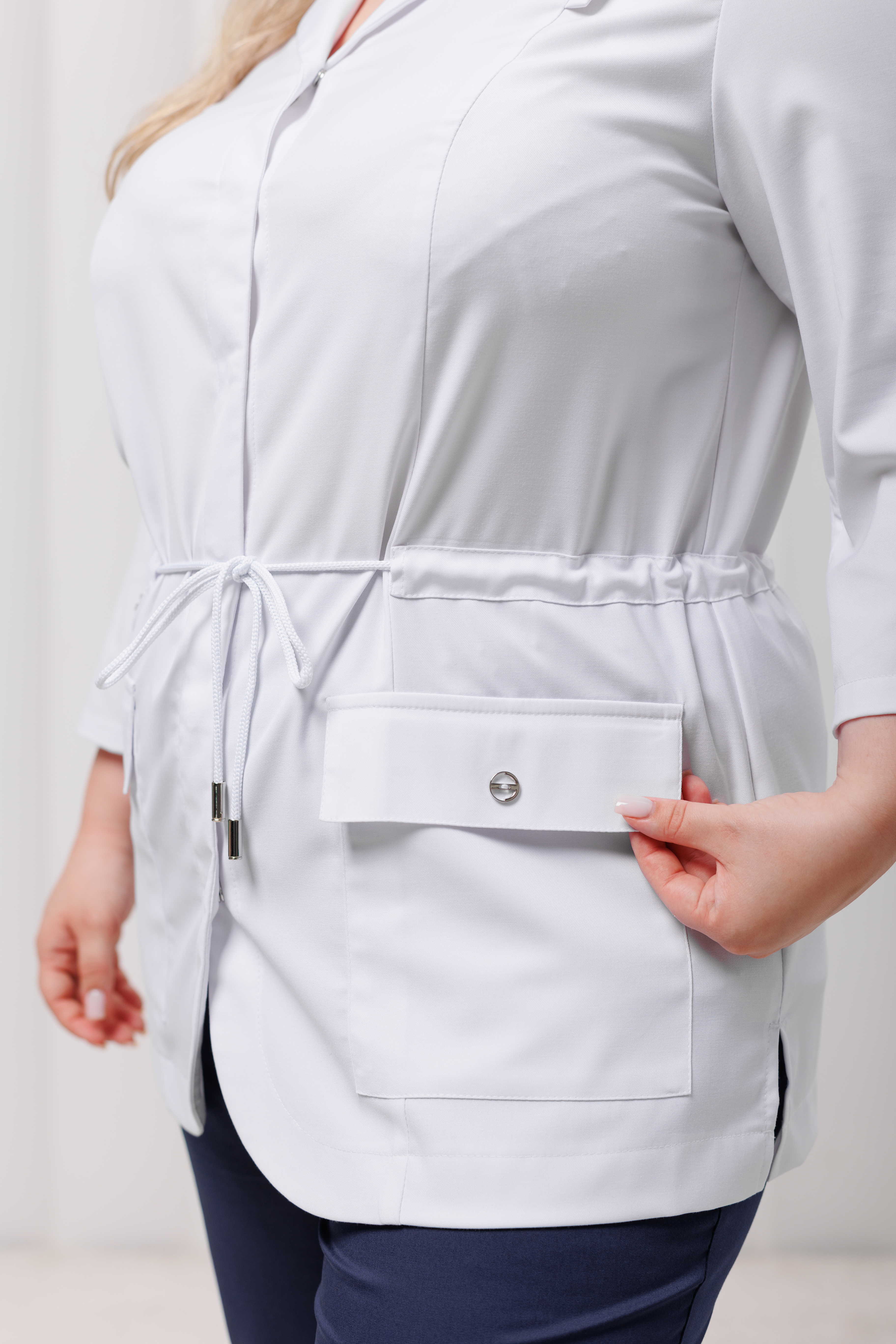 Куртка медицинская женская A802Б 3/4 Тевия (Белый, Без отделки), 65% полиэстер, 32% вискоза, 3% спандекс