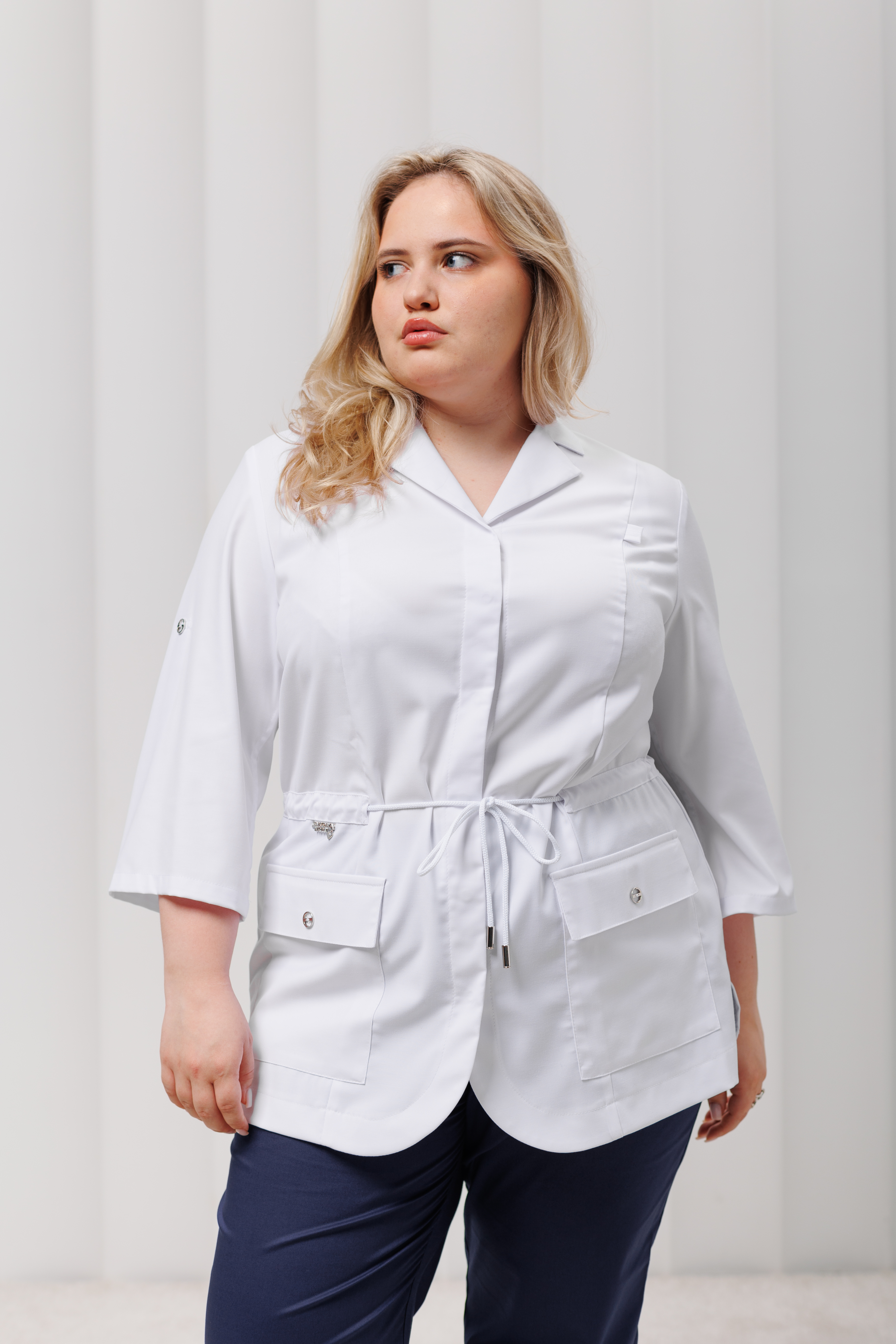 Куртка медицинская женская A802Б 3/4 Тевия (Белый, Без отделки), 65% полиэстер, 32% вискоза, 3% спандекс