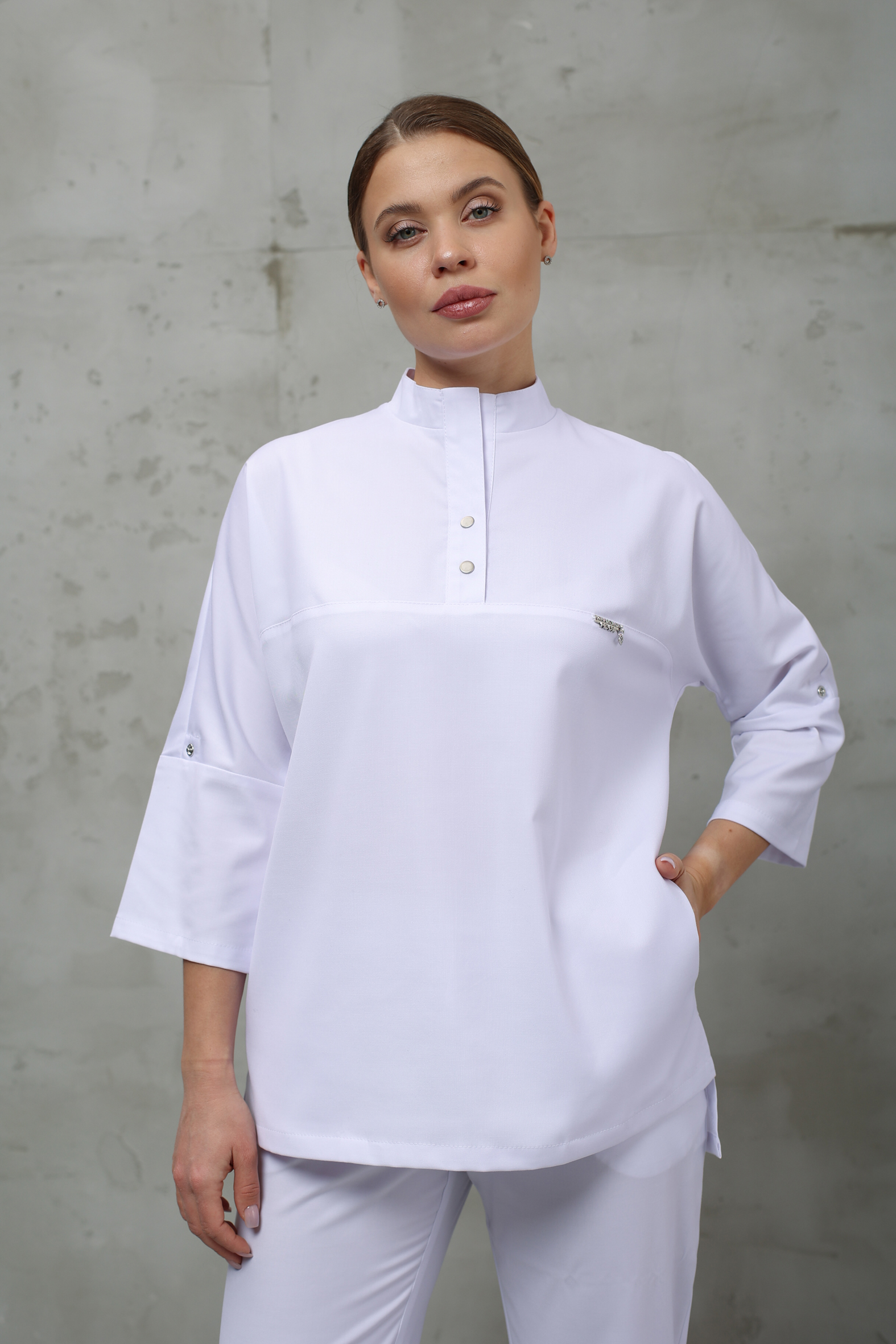 Куртка медицинская женская A831 3/4 Тевия (Белый, Без отделки), 65% полиэстер, 32% вискоза, 3% спандекс