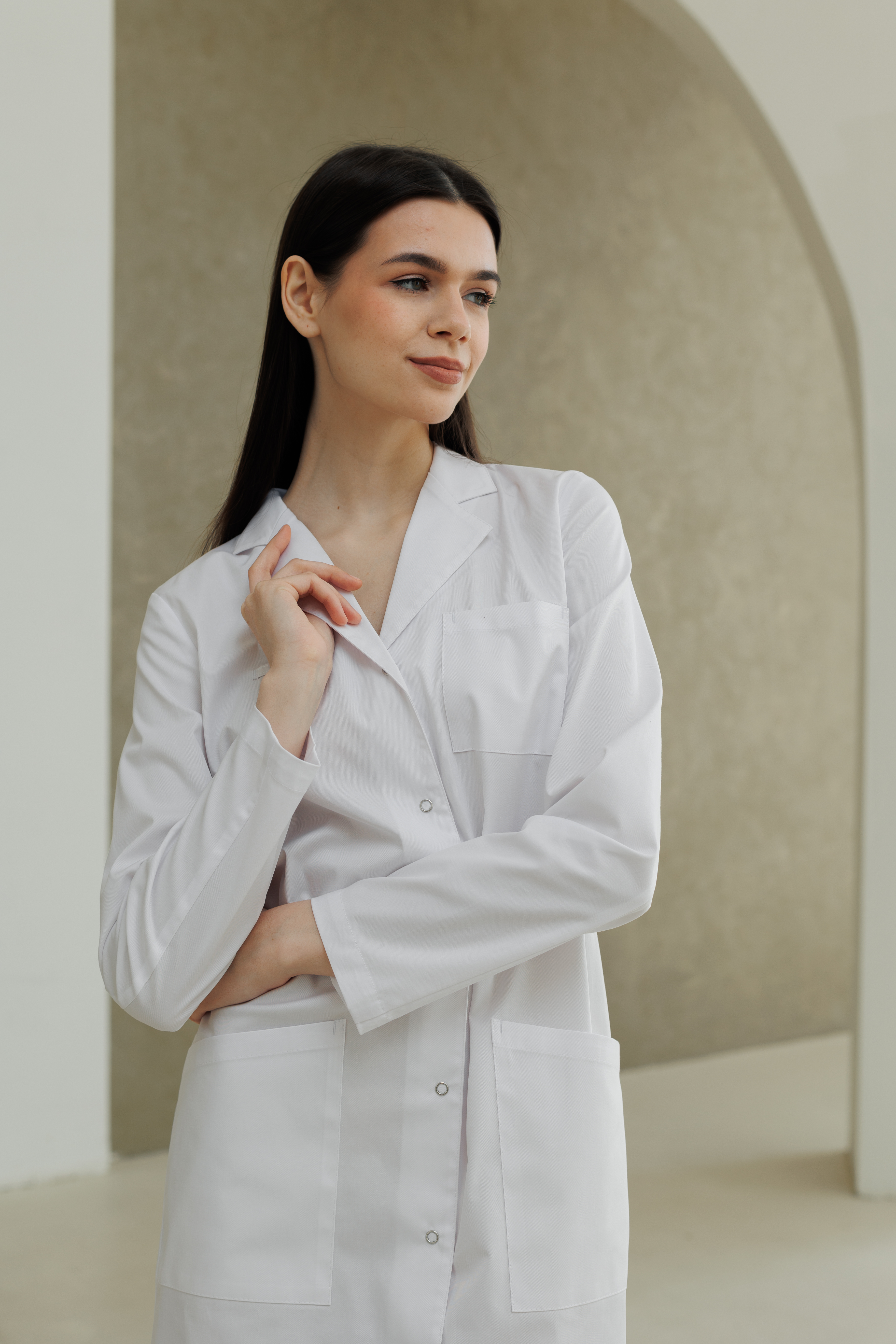 Халат медицинский женский Ж1 А Экстра (Белый, Без отделки), 55% хлопок, 42% полиэстер, 3% эластан