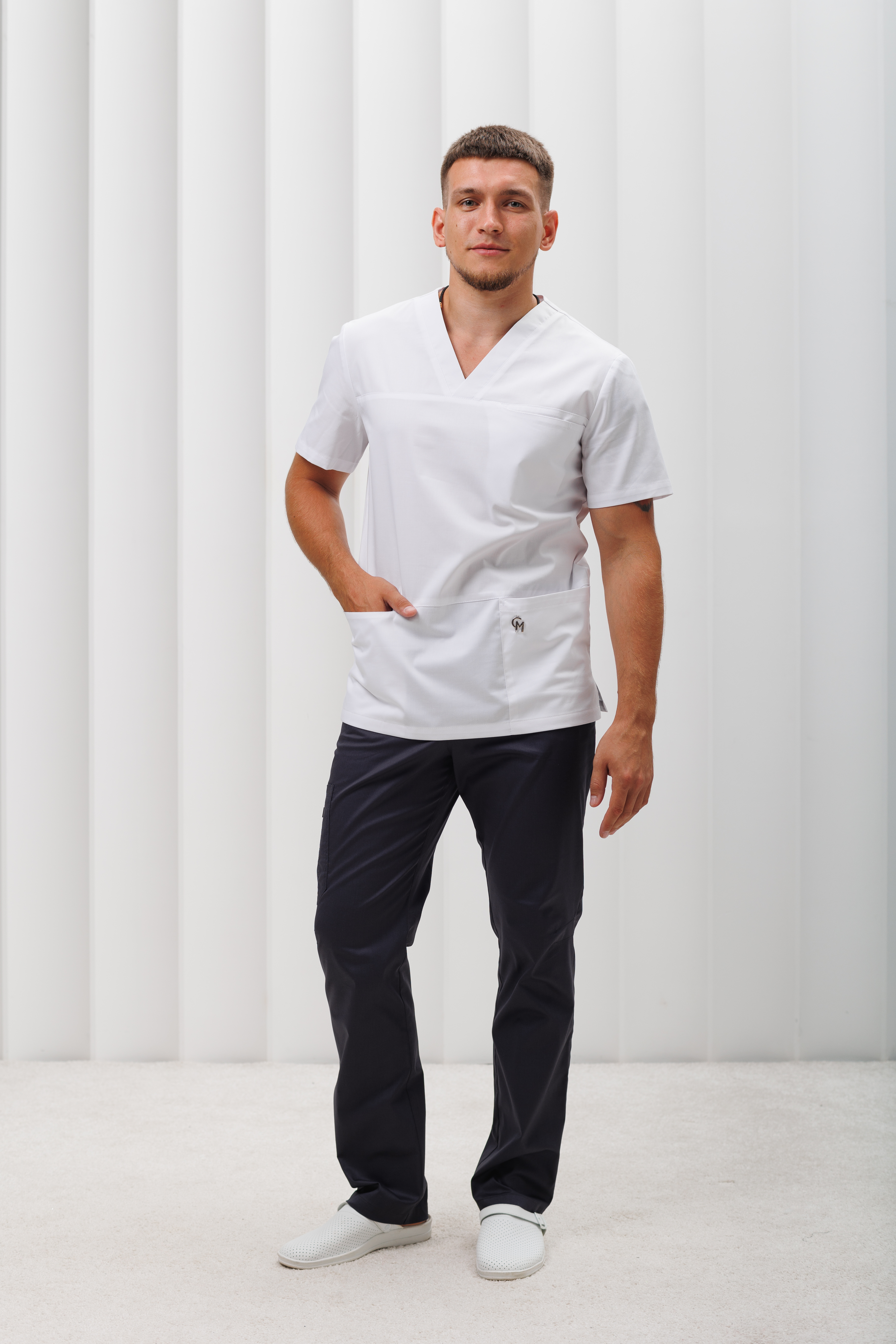 Медицинская куртка мужская CP329 Экстра (Белый, Без отделки), 55% хлопок, 42% полиэстер, 3% эластан