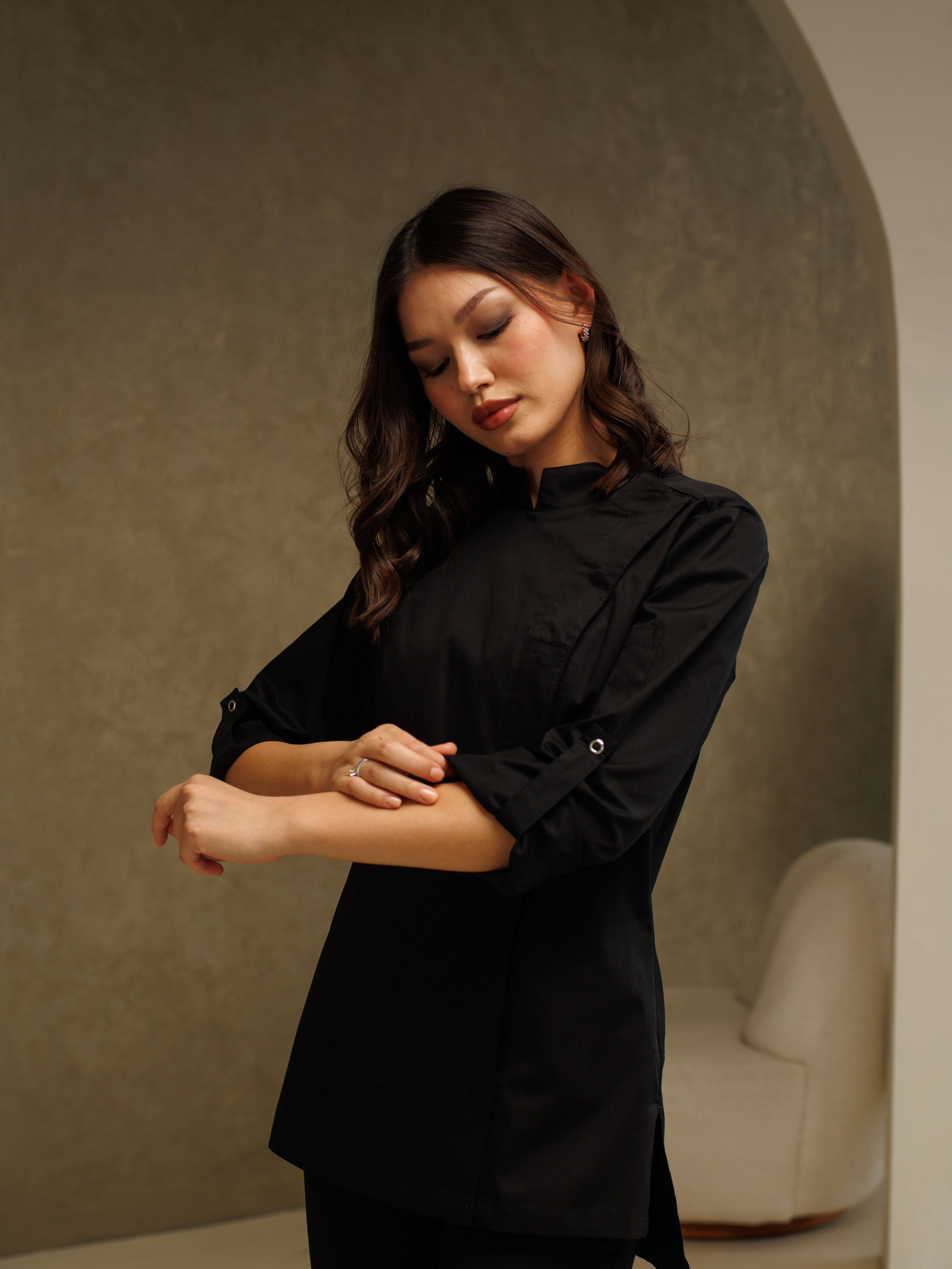 Китель поварской женский A520 7/8 Экстра (Чёрный, ложная сетка черная), 55% хлопок, 42% полиэстер, 3% эластан