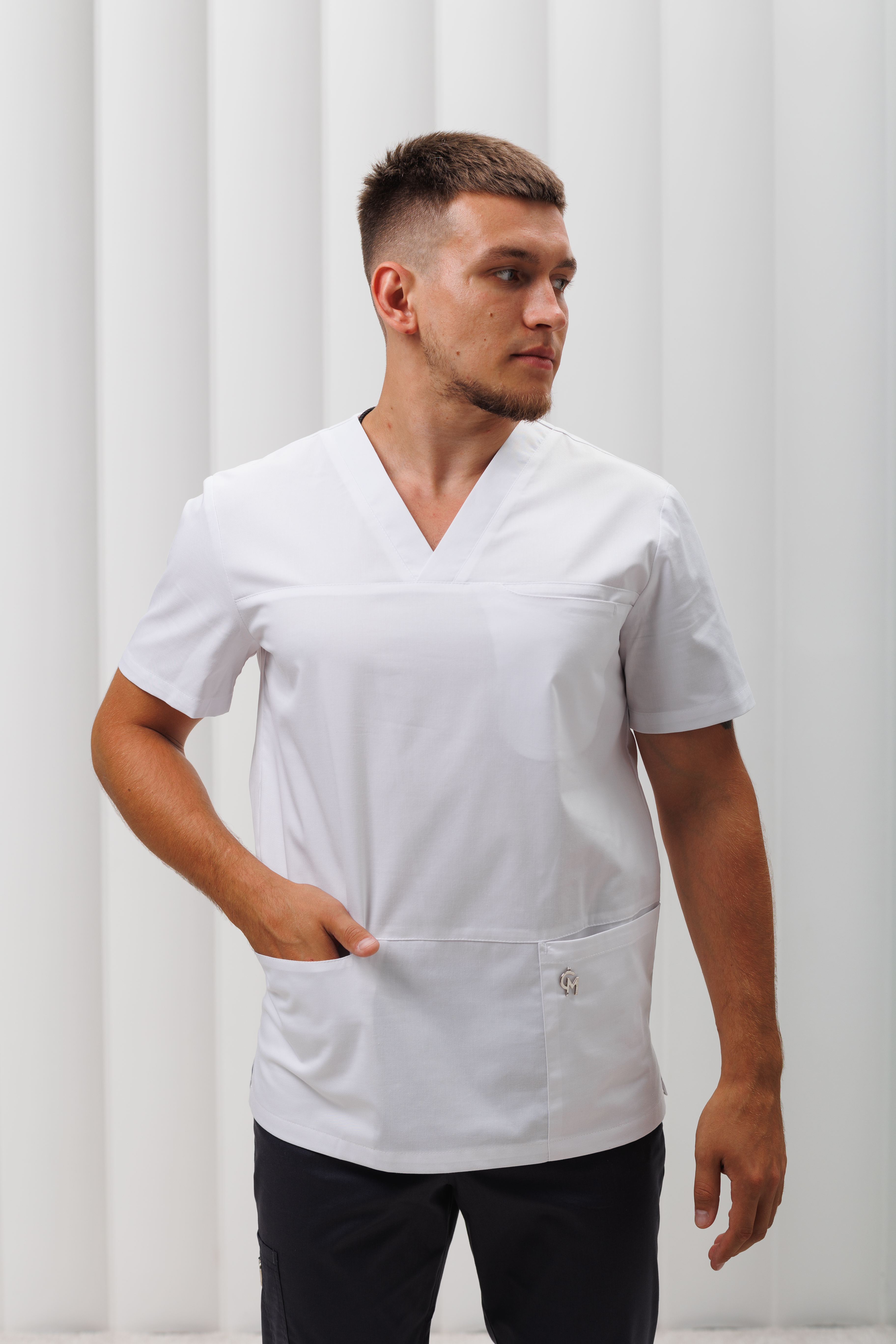 Медицинская куртка мужская CP329 Экстра (Белый, Без отделки), 55% хлопок, 42% полиэстер, 3% эластан