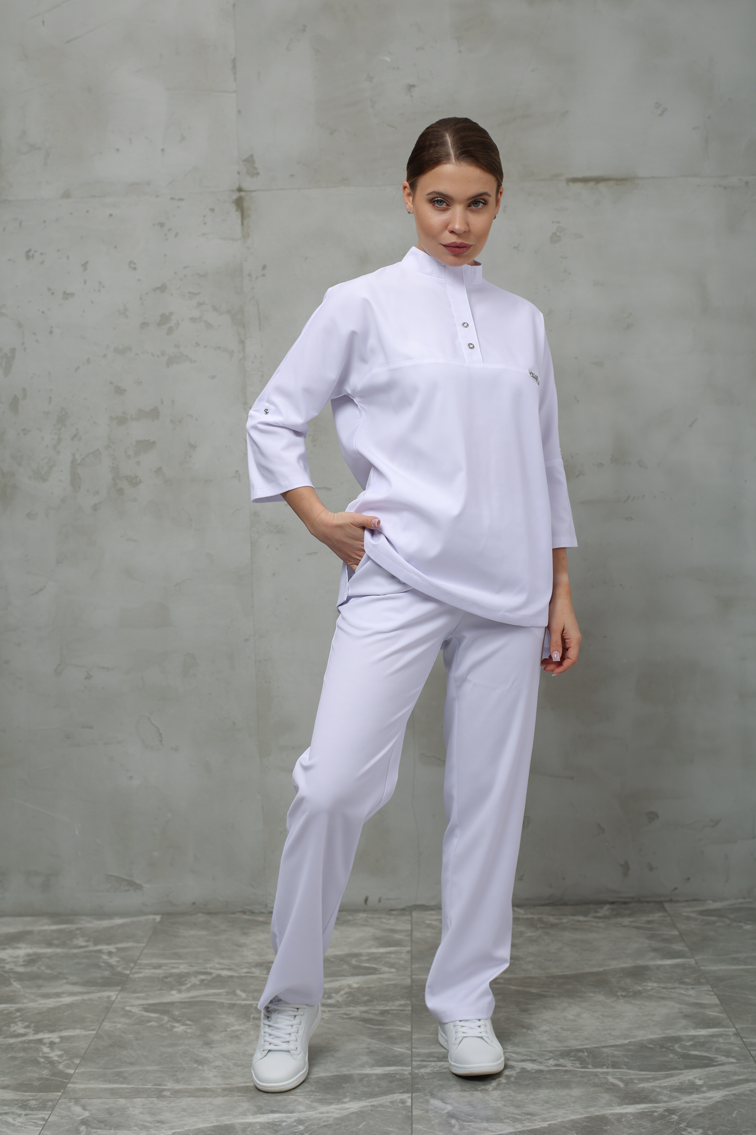 Куртка медицинская женская A831 3/4 Тевия (Белый, Без отделки), 65% полиэстер, 32% вискоза, 3% спандекс