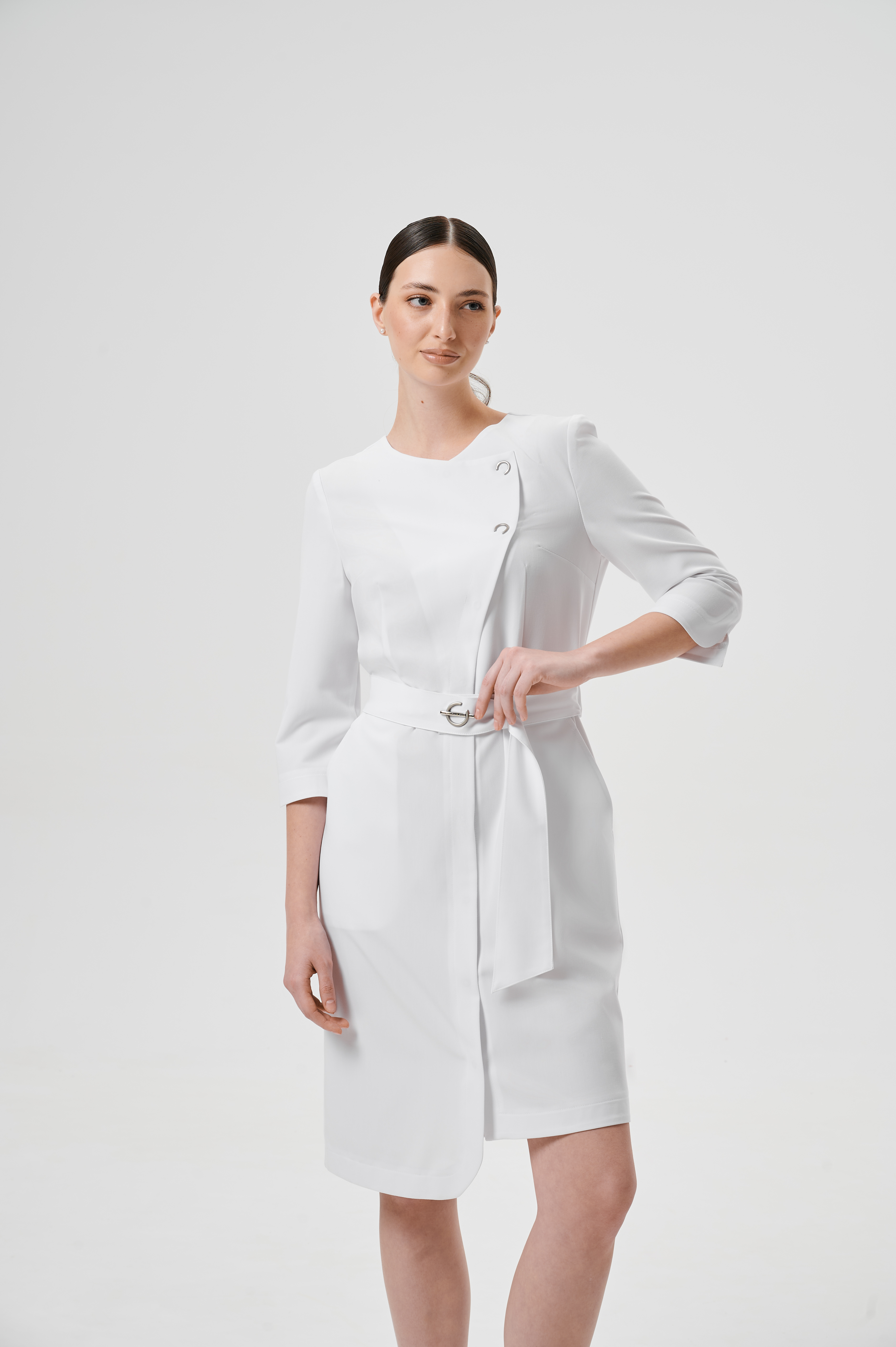 Халат медицинский женский WD600 3/4 Бланш Ж (Белый, Без отделки), 66%ПЭ 30%вискоза 4%спандекс