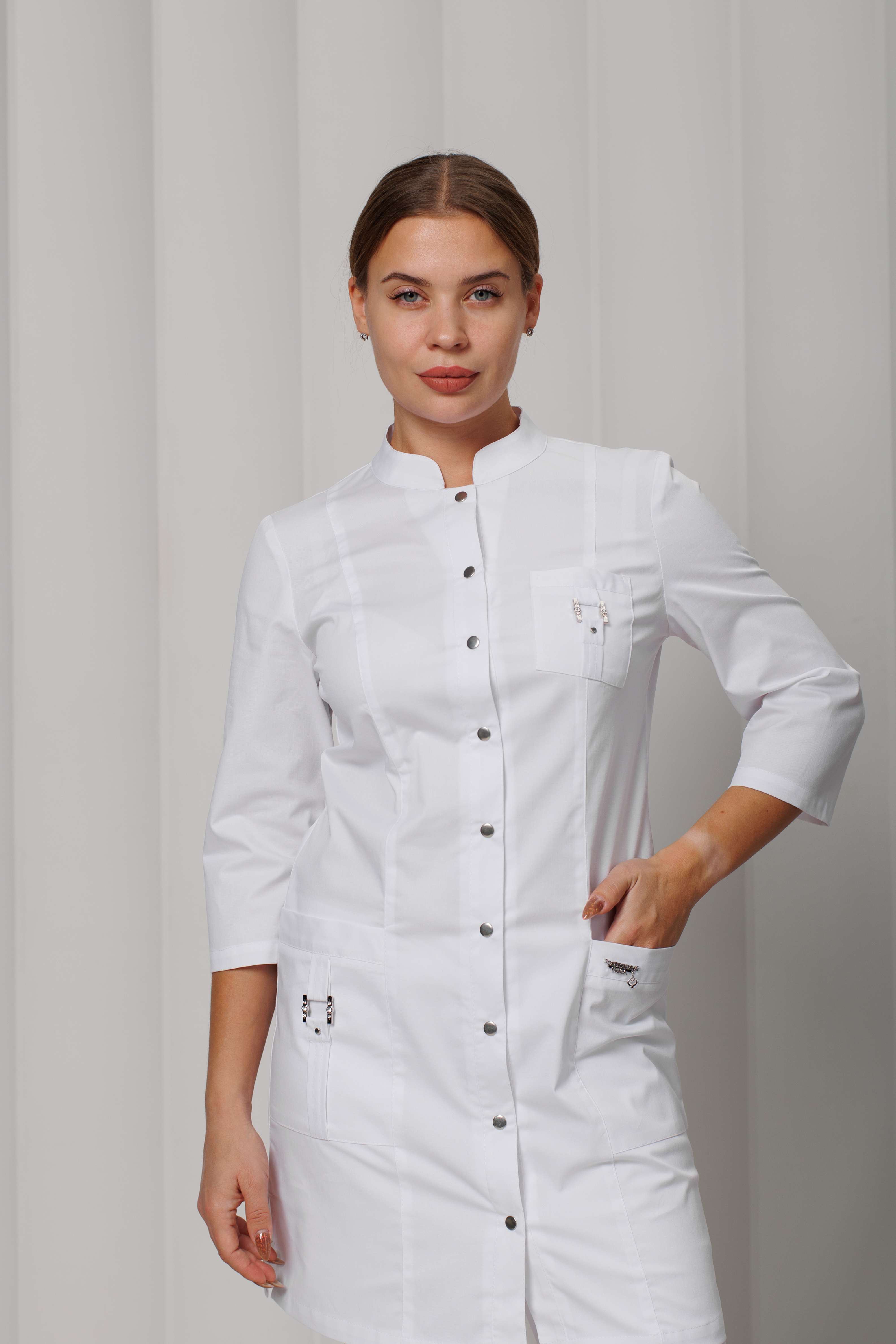 Халат медицинский женский A356У 3/4 Экстра (Белый, Без отделки), 55% хлопок, 42% полиэстер, 3% эластан